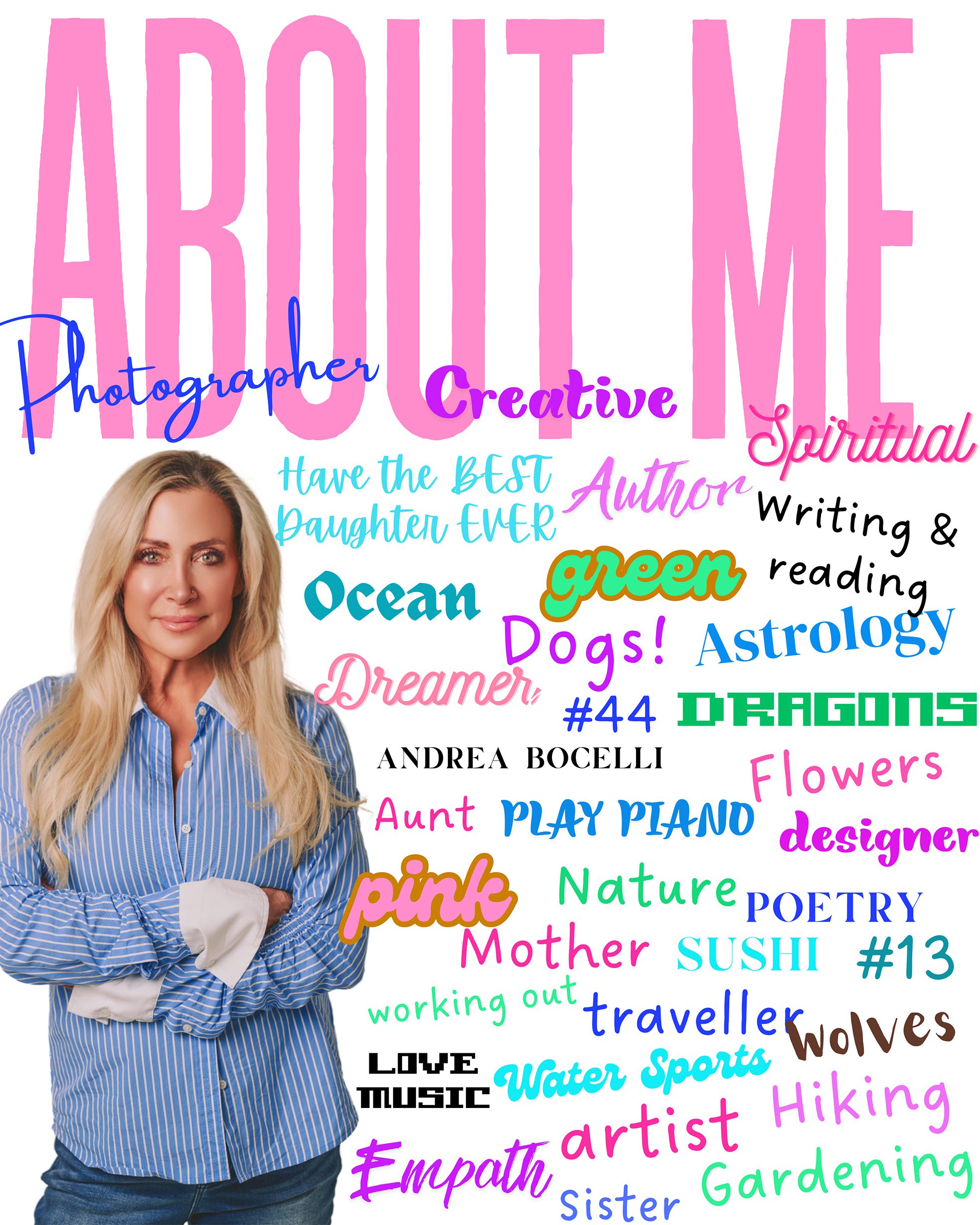 for Spring & Summer Woman with long blonde hair wearing a blue striped shirt standing with arms crossed beside colorful words describing personal traits and interests including photographer, creative, author, spiritual, dreamer, nature, astrology, dogs, flowers, gardening, hiking, music, and storytelling.